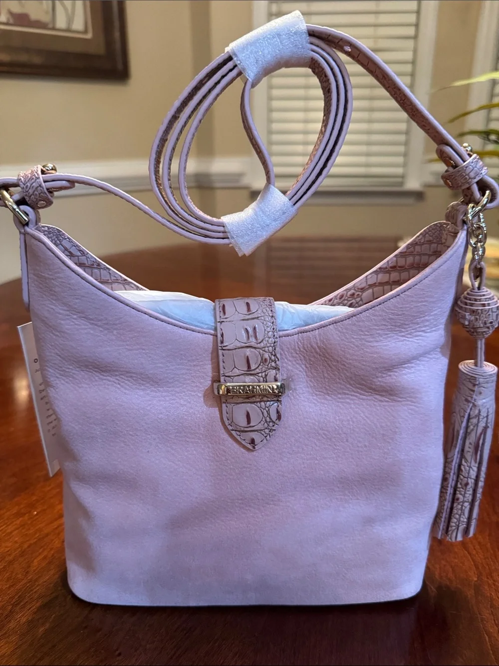 Brahmin Pale Blush Pink Leather Crossbody with Tassel Trim